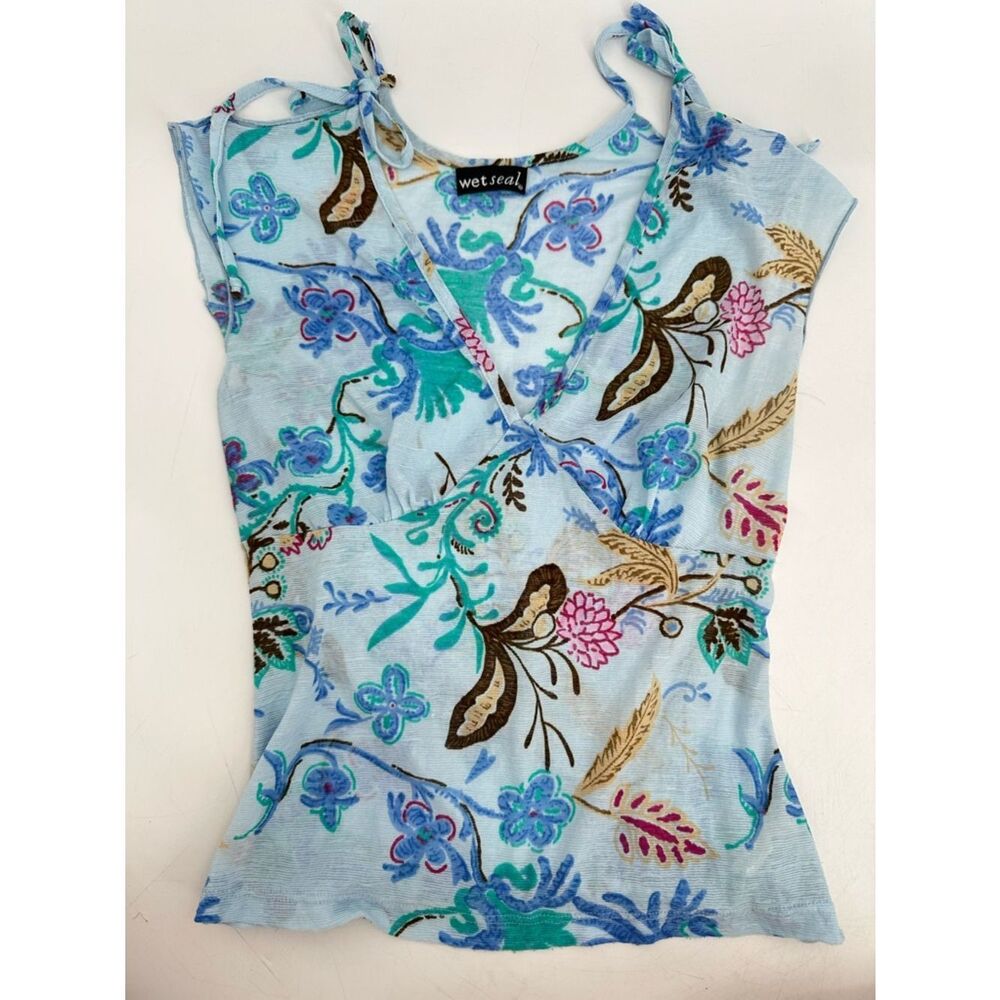 Y2K Wet Seal Floral Tie Shoulder Tank Top Women’s Small Blue Lightweight V-Neck
